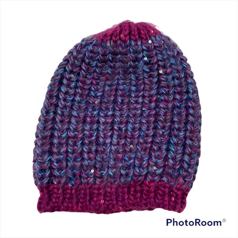 Girls Ruum Brand Knit Hat Size 5-7 Years Blue, Purple and Pink with Sequins